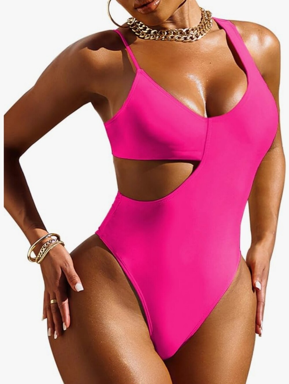 Asymmetrical Cutout One-Piece Swimsuit - Hot Pink
